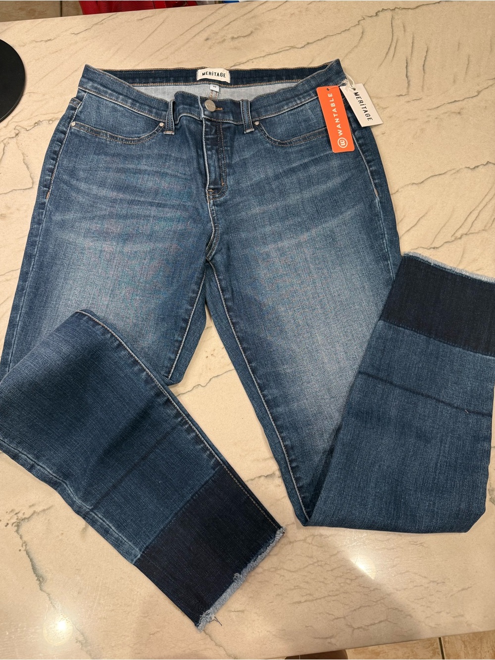 Meritage Super Skinny Garrett Wash Jeans Size 32 NWT Colorblock Hem Distressed